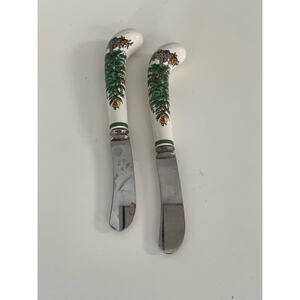 Sheffield Spode Christmas Tree Handle Cheese Spreader Knife England Set of 2